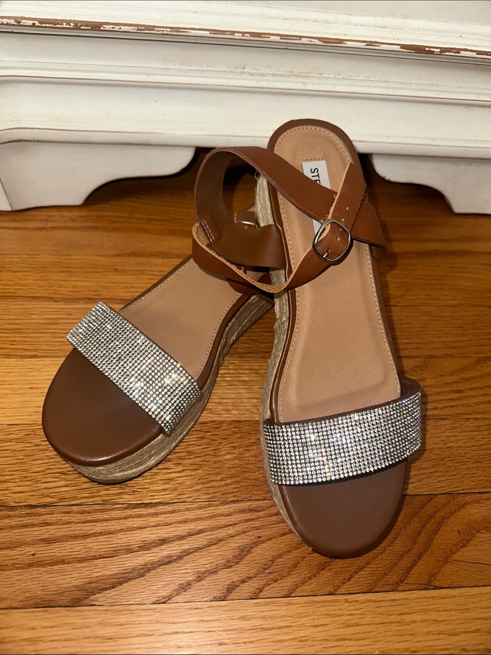 Steve Madden Brown Espadrille Wedge Sandals with Rhinestone Strap